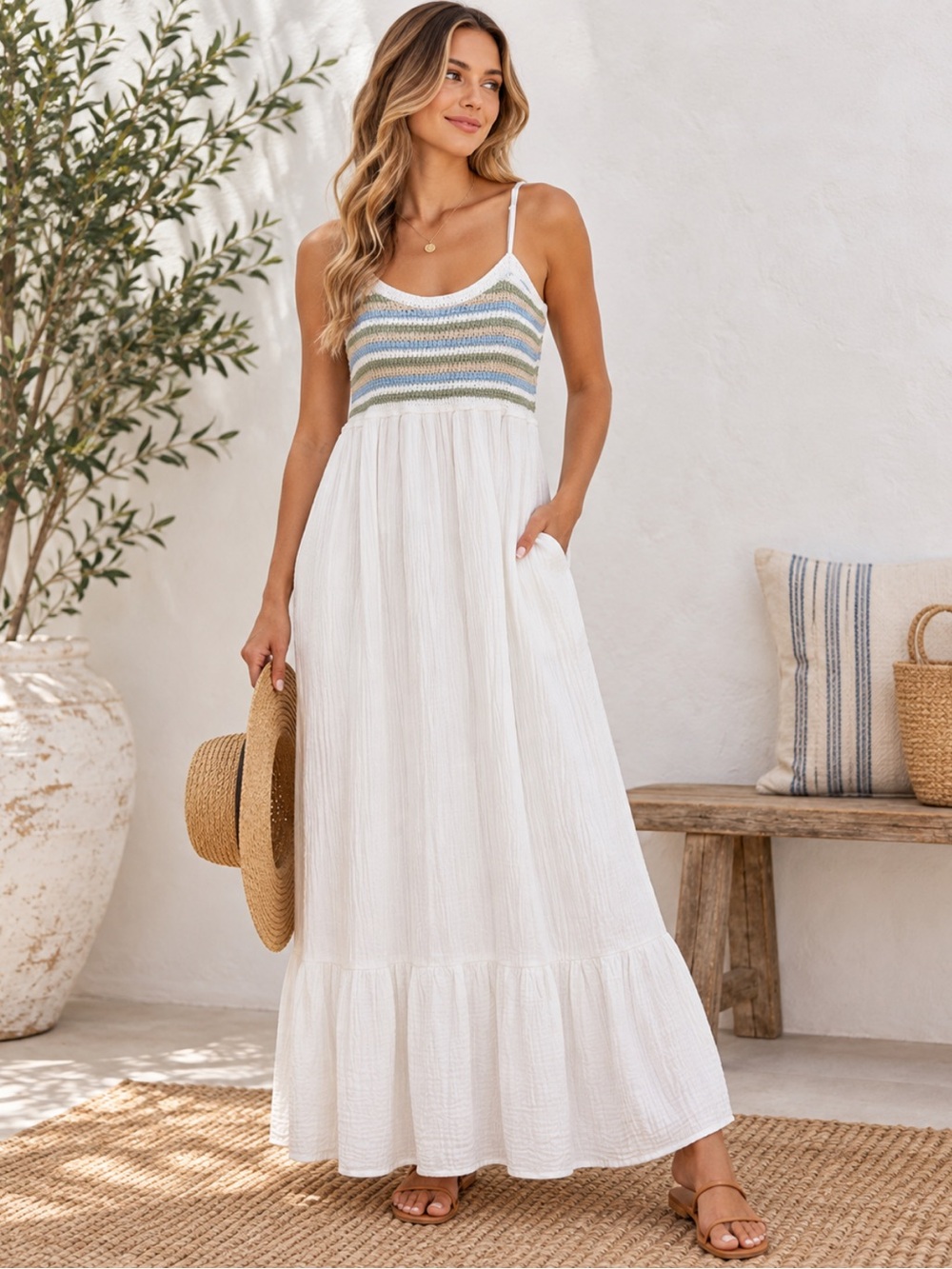 Angelina Boutique White Cotton Gauze Crochet Boho Maxi Dress M Pockets. Flowy